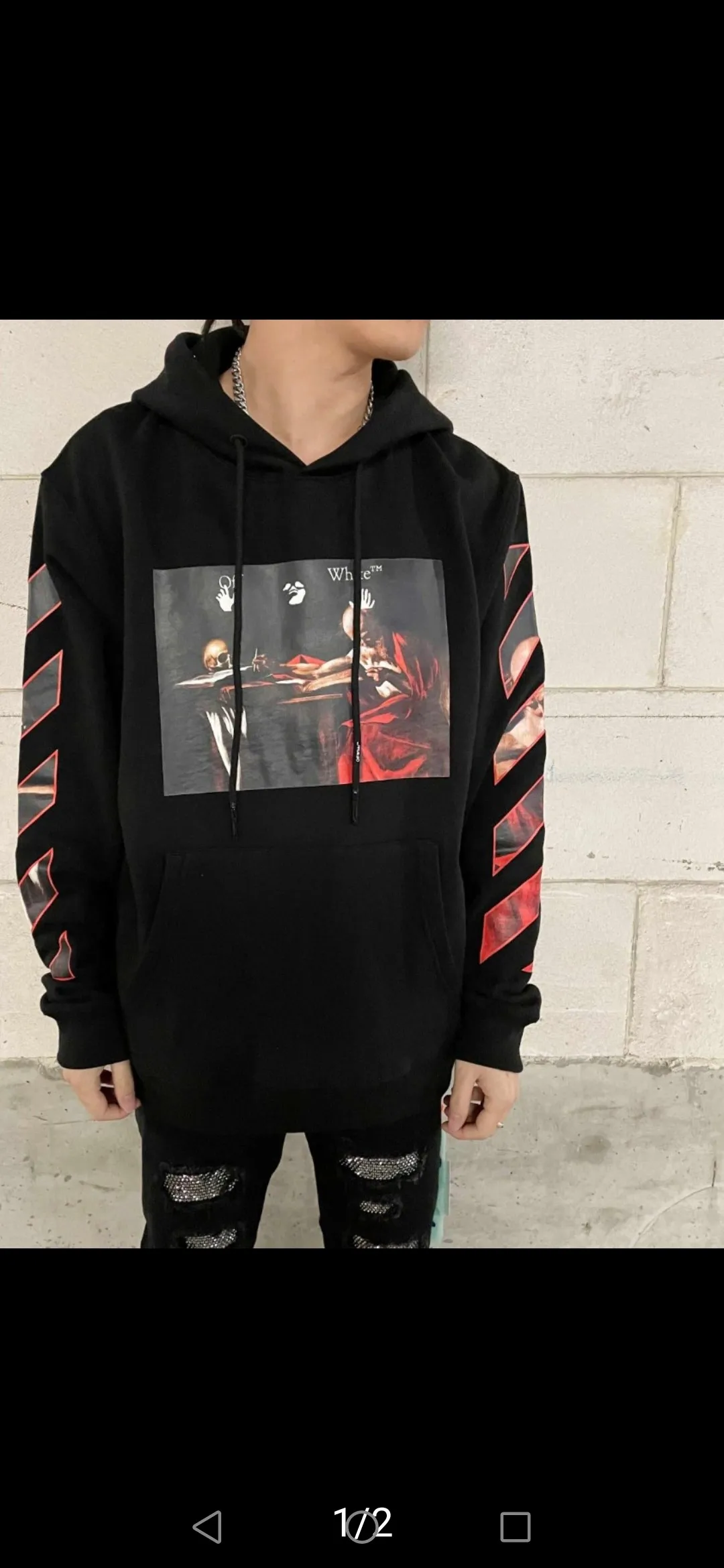 ♻️💯Upper body reference model picture❤️ Top tested version OFFWHITE OW Caravaggio Skeleton Old Man Oil Painting for Male and Female Couples Pure Cotton Loose Religious Round Neck Pullover Hoodie Sweatshirt Exclusive version on the market, zp’s sales once hit a new high. Both the front and rear panels are printed using Kornit's digital direct printing process, with 7 colors sprayed and glazed solid film, giving the printing a jelly-like feel. The printing gradient is gentle, the texture is clear, and the color contrast is obvious. The fabric is made of 480g large fish scale pure cotton terry fabric, which is launched in a big way and has full drape. It can be compared with all versions on the market and is synchronized. Brand new 21s collar label, washed, hang tag, all customized. Size chart